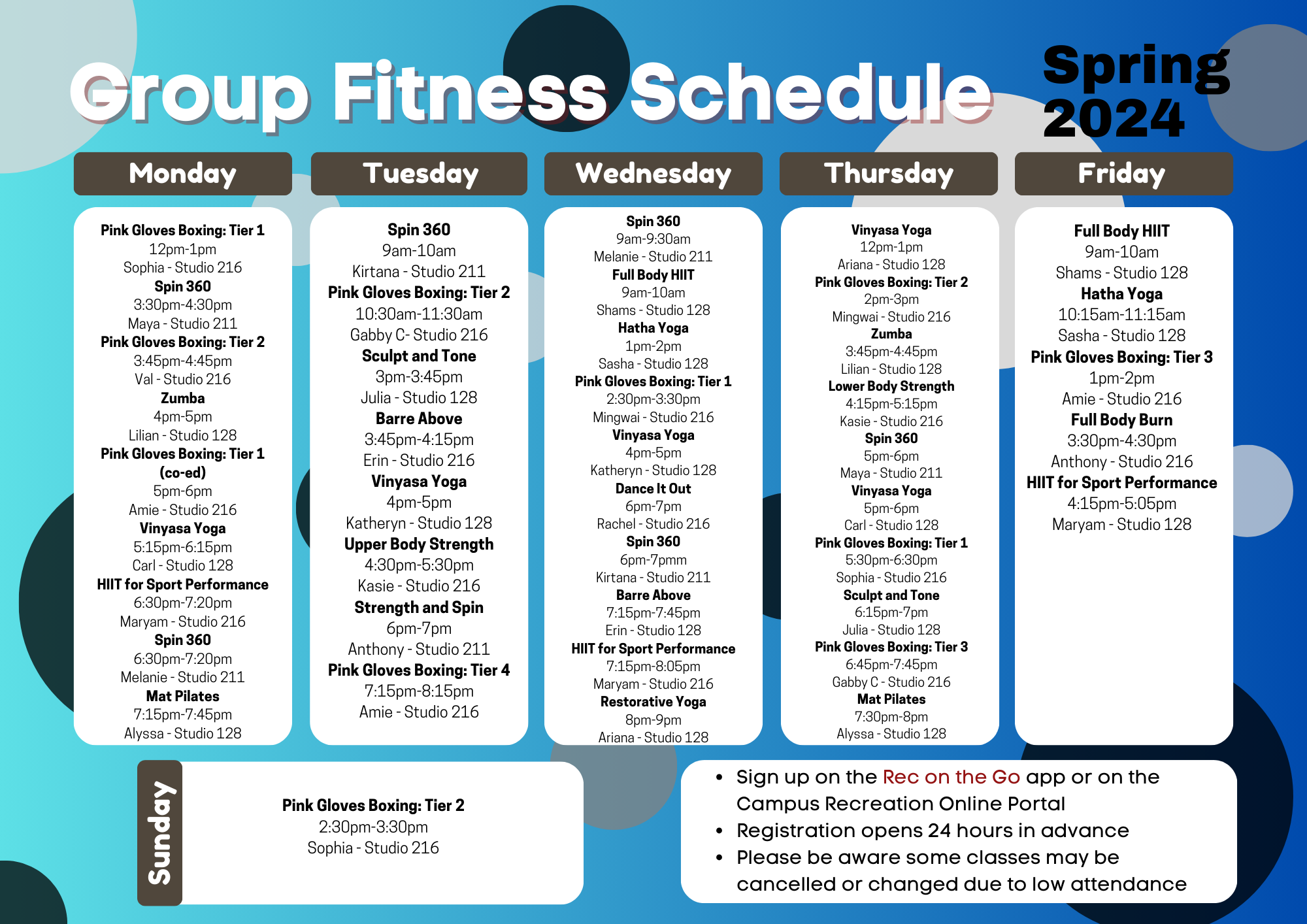 Fitness Class Schedules Recreation and Wellness